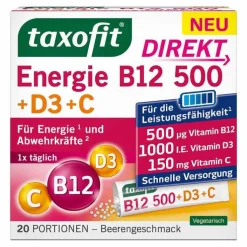 Taxofit Energie B12 500 + D3 + C Direkt Granulat, 20 St